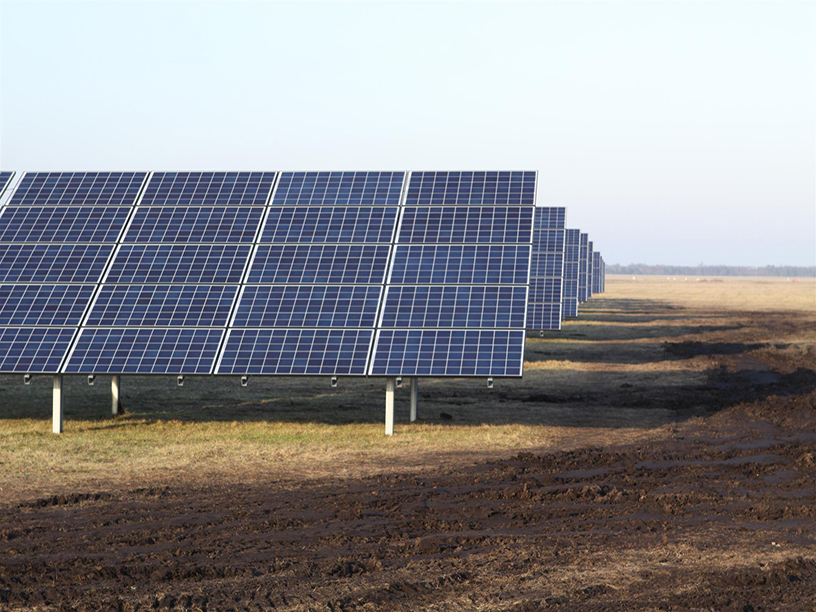 Photovoltaic solar park in Karup, Denmark, with ground-mounted solar panels in operation