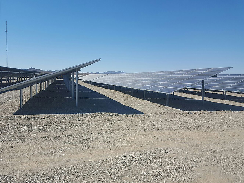 Solar Park Marsa Alam with photovoltaic modules and mounting structures in the Egyptian desert