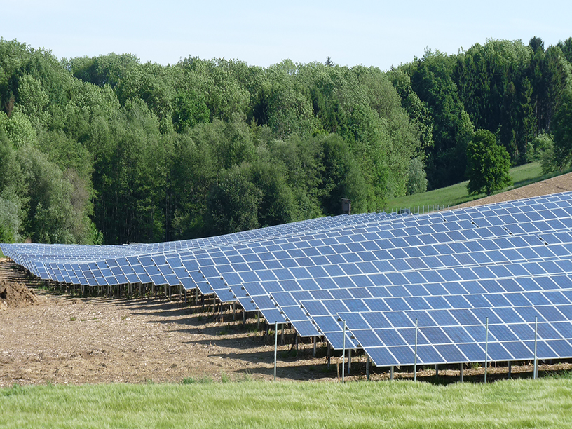 Photovoltaikanlage in Fürstenzell mit Solarmodulen auf leicht hügeligem Gelände vor einem grünen Wald in Niederbayern